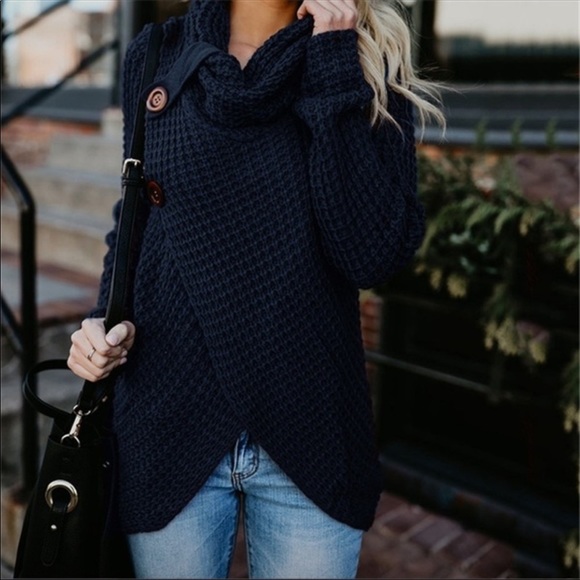 Sweaters - Navy Long Sleeved Waffle Knit Turtleneck Sweater